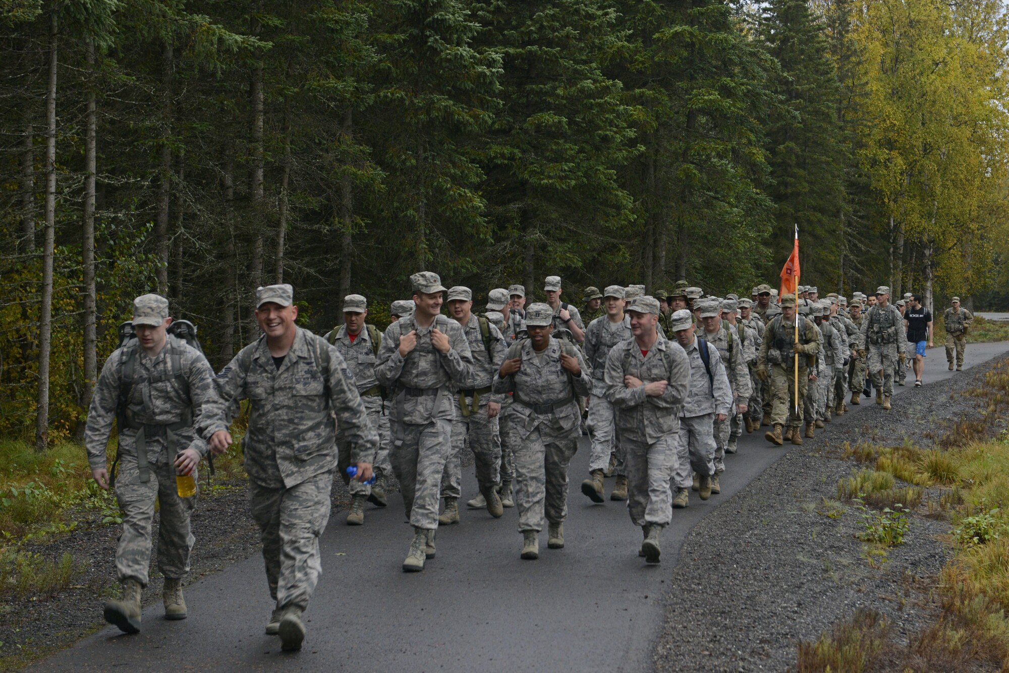 The 673d Medical Group hosted a POW/MIA ruck march at Joint Base Elmendorf-Richardson, Alaska, Sept. 16, 2016. More than 200 personnel including Airmen, Soldiers and Royal Canadian Air Force members, marched a total of five miles carrying 20 lbs. of canned food to deliver and donate to the Alaska Fisher House.