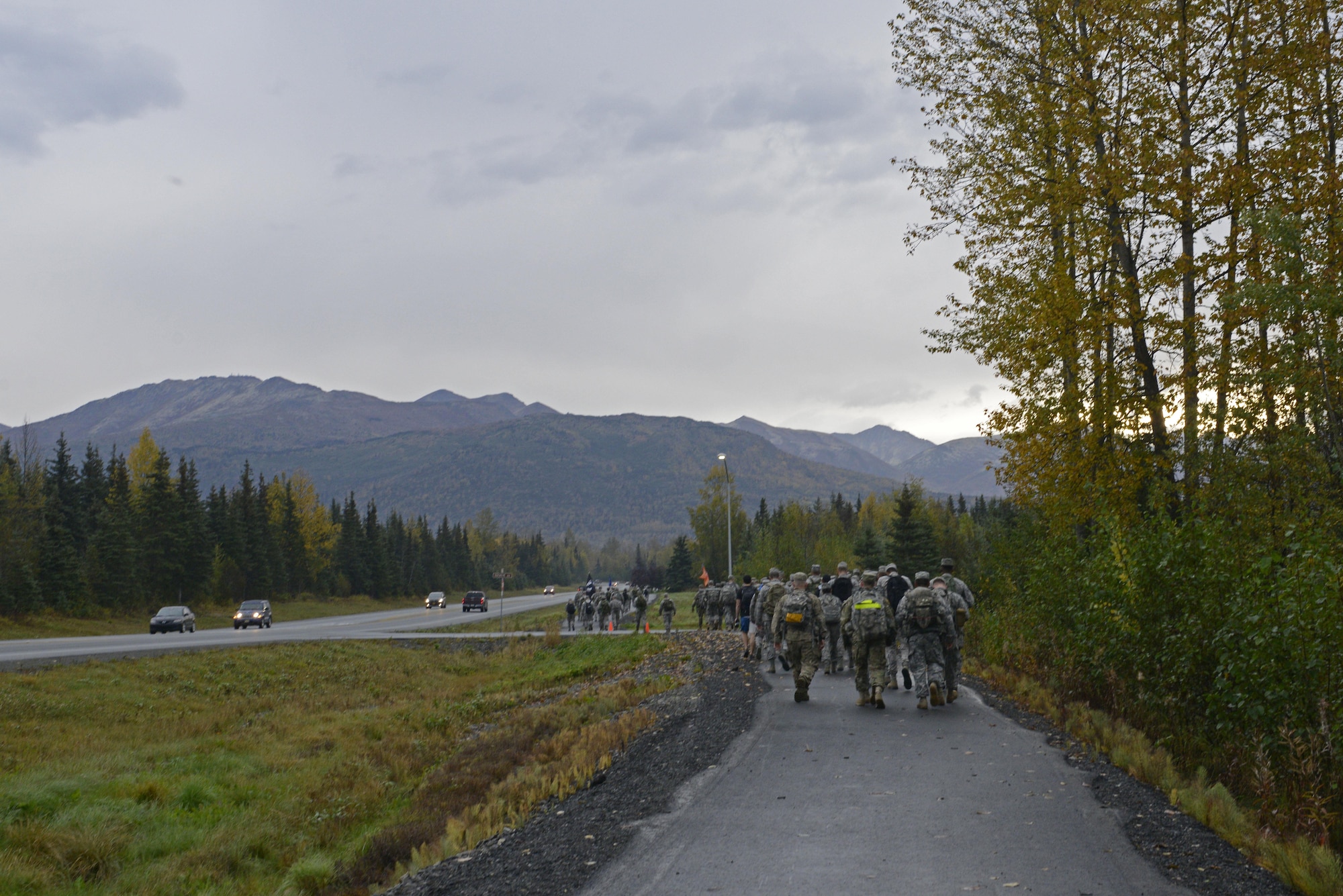 The 673d Medical Group hosted a POW/MIA ruck march at Joint Base Elmendorf-Richardson, Alaska, Sept. 16, 2016. More than 200 personnel including Airmen, Soldiers and Royal Canadian Air Force members, marched a total of five miles carrying 20 lbs. of canned food to deliver and donate to the Alaska Fisher House.