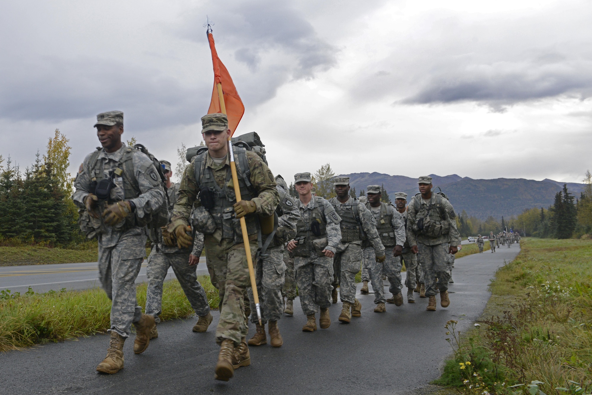 The 673d Medical Group hosted a POW/MIA ruck march at Joint Base Elmendorf-Richardson, Alaska, Sept. 16, 2016. More than 200 personnel including Airmen, Soldiers and Royal Canadian Air Force members, marched a total of five miles carrying 20 lbs. of canned food to deliver and donate to the Alaska Fisher House.