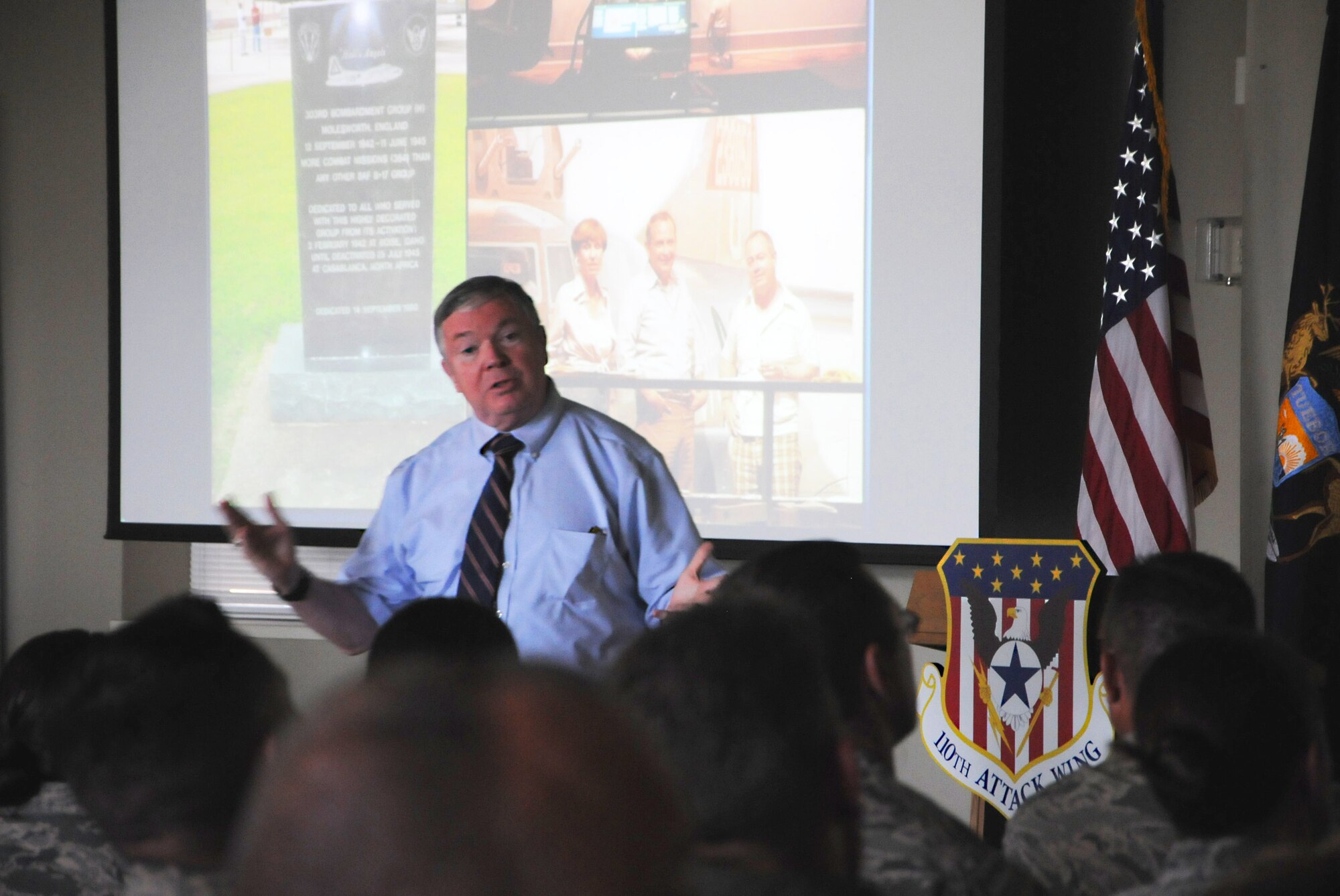 Service members from the 110th Attack Wing Battle Creek Air National Guard Base, Mich., gather for a distinguished presentation featuring Mr. James G. Clark, Director, Intelligence, Surveillance and Reconnaissance Innovation, Deputy Chief of Staff for ISR, Headquarters U.S. Air Force, Washington, D.C., Wednesday, August 17, 2016, Battle Creek, Mich. Mr. Clark reflected briefly on his service as a pilot in the U.S. Air Force, from which he retired in 2001 with the rank of Col., as well as his road to becoming a key innovator in RPA operations.(U.S. Air National Guard Photo by Master Sgt. Sonia Pawloski/released)