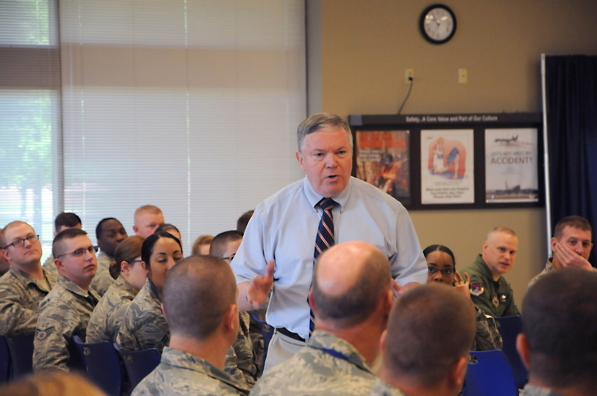 Service members from the 110th Attack Wing Battle Creek Air National Guard Base, Mich., gather for a distinguished presentation featuring Mr. James G. Clark, Director, Intelligence, Surveillance and Reconnaissance Innovation, Deputy Chief of Staff for ISR, Headquarters U.S. Air Force, Washington, D.C., Wednesday, August 17, 2016, Battle Creek, Mich. Mr. Clark reflected briefly on his service as a pilot in the U.S. Air Force, from which he retired in 2001 with the rank of Col., as well as his road to becoming a key innovator in RPA operations.(U.S. Air National Guard Photo by Master Sgt. Sonia Pawloski/released)