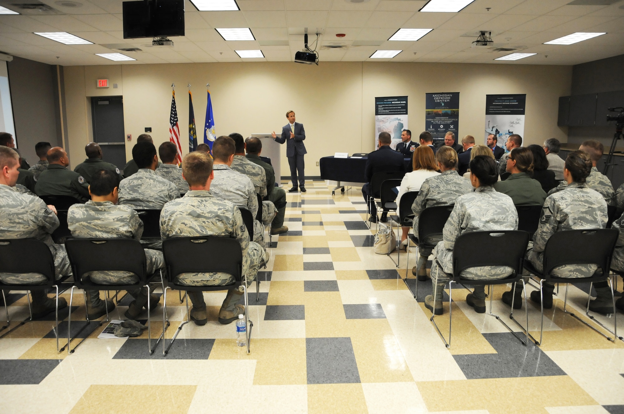 Lt. Gov. Brian Calley visits the 110th Attack Wing, Battle Creek Air National Guard Base and Fort Custer Training Center, Battle Creek, Mich., Monday, August 16, 2016. Lt. Gov. Calley met with 110th Attack Wing Commander, Col. Bryan Teff before traveling to Fort Custer Training Center to meet with Installation Commander, Lt. Col. Steve Wilson and Assistant Adjutant General of Installations, Brig. Gen. Michael Stone.  The purpose of Cally's visit was to highlight the state's strategic plan to protect and grow Michigan's defense and homeland security economy. After returning to the 110th, Calley toured the facilities stopping at the 217th Air Operations Group for a Cyber Operations Squadron mission brief and press conference with Wing Commander, Col. Bryan Teff, Battle Creek Area Chamber of Commerce Representative, Military Affairs, Mr. T.R. Shaw,  and Battle Creek Unlimited Interim President and CEO, Mr. Joe Sobieralski. (Air National Guard photo by Master Sgt. Sonia Pawloski/released)