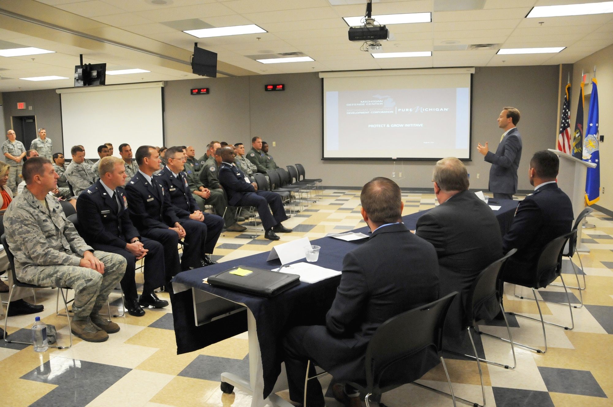 Lt. Gov. Brian Calley visits the 110th Attack Wing, Battle Creek Air National Guard Base and Fort Custer Training Center, Battle Creek, Mich., Monday, August 16, 2016. Lt. Gov. Calley met with 110th Attack Wing Commander, Col. Bryan Teff before traveling to Fort Custer Training Center to meet with Installation Commander, Lt. Col. Steve Wilson and Assistant Adjutant General of Installations, Brig. Gen. Michael Stone.  The purpose of Cally's visit was to highlight the state's strategic plan to protect and grow Michigan's defense and homeland security economy. After returning to the 110th, Calley toured the facilities stopping at the 217th Air Operations Group for a Cyber Operations Squadron mission brief and press conference with Wing Commander, Col. Bryan Teff, Battle Creek Area Chamber of Commerce Representative, Military Affairs, Mr. T.R. Shaw,  and Battle Creek Unlimited Interim President and CEO, Mr. Joe Sobieralski. (Air National Guard photo by Master Sgt. Sonia Pawloski/released)