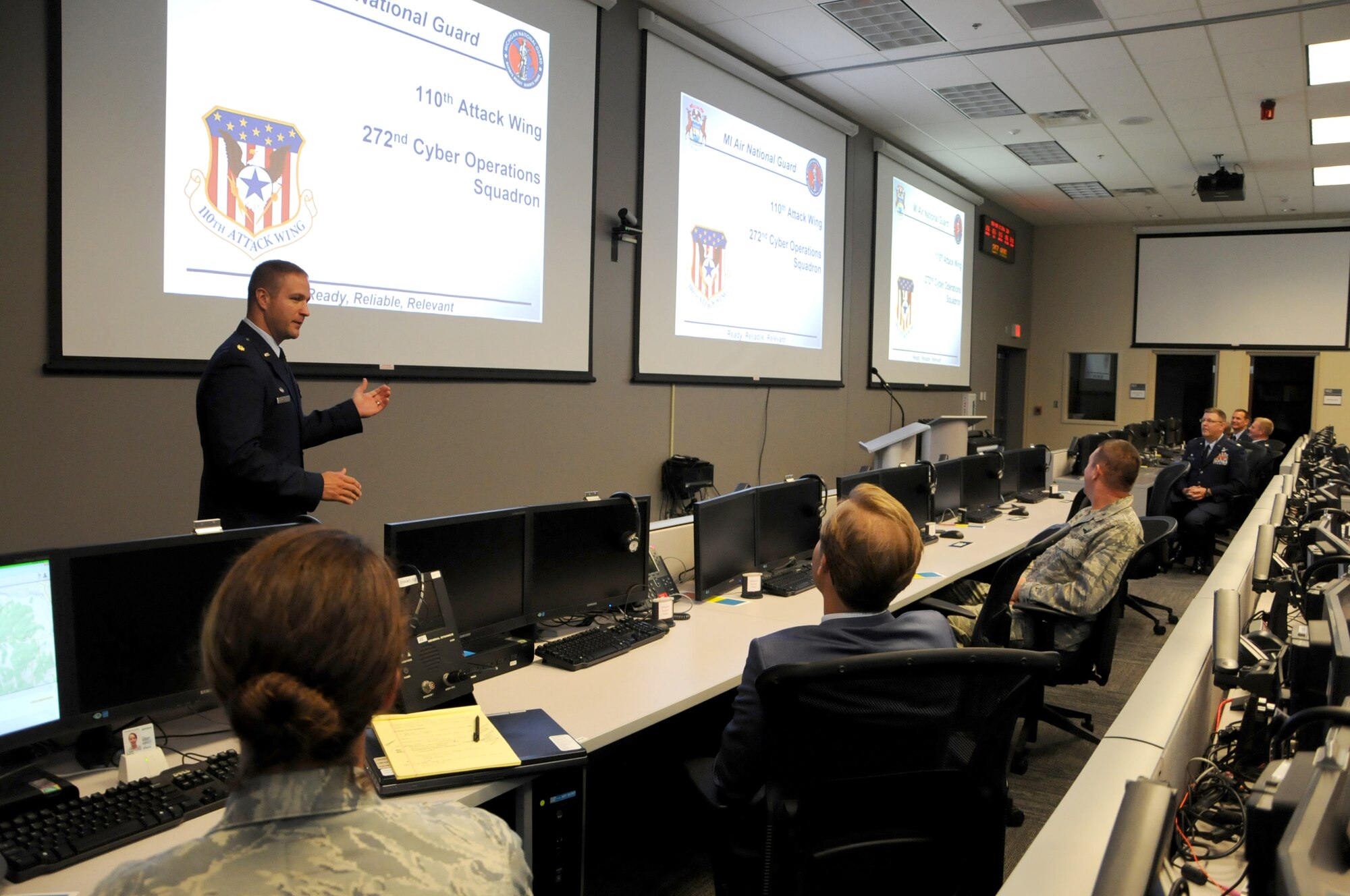 Lt. Gov. Brian Calley visits the 110th Attack Wing, Battle Creek Air National Guard Base and Fort Custer Training Center, Battle Creek, Mich., Monday, August 16, 2016. Lt. Gov. Calley met with 110th Attack Wing Commander, Col. Bryan Teff before traveling to Fort Custer Training Center to meet with Installation Commander, Lt. Col. Steve Wilson and Assistant Adjutant General of Installations, Brig. Gen. Michael Stone.  The purpose of Cally's visit was to highlight the state's strategic plan to protect and grow Michigan's defense and homeland security economy. After returning to the 110th, Calley toured the facilities stopping at the 217th Air Operations Group for a Cyber Operations Squadron mission brief and press conference with Wing Commander, Col. Bryan Teff, Battle Creek Area Chamber of Commerce Representative, Military Affairs, Mr. T.R. Shaw,  and Battle Creek Unlimited Interim President and CEO, Mr. Joe Sobieralski. (Air National Guard photo by Master Sgt. Sonia Pawloski/released)