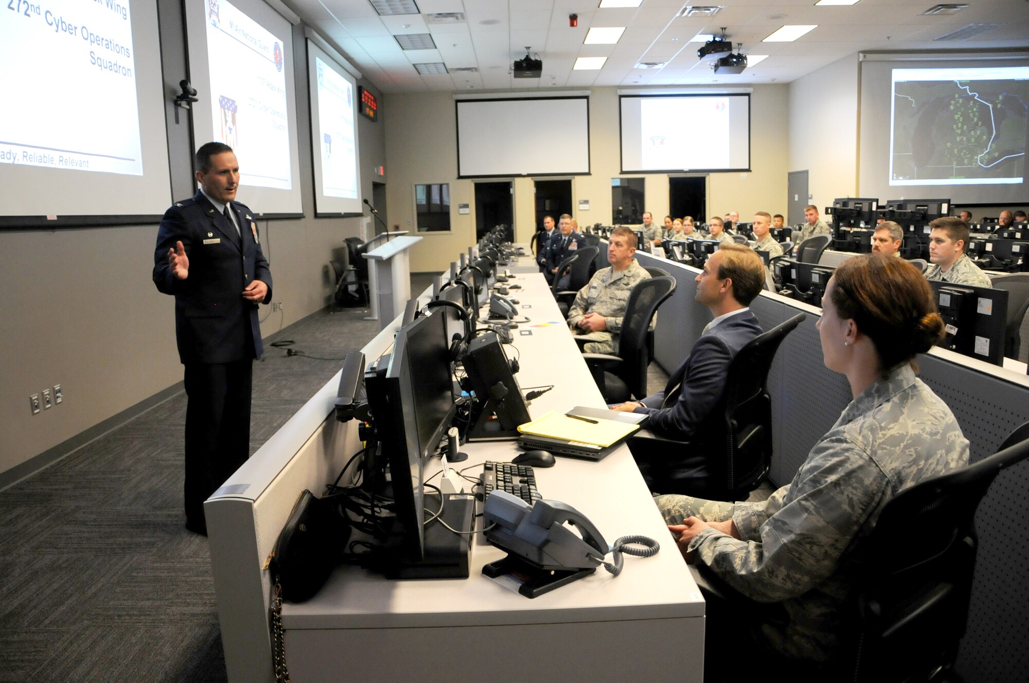 Lt. Gov. Brian Calley visits the 110th Attack Wing, Battle Creek Air National Guard Base and Fort Custer Training Center, Battle Creek, Mich., Monday, August 16, 2016. Lt. Gov. Calley met with 110th Attack Wing Commander, Col. Bryan Teff before traveling to Fort Custer Training Center to meet with Installation Commander, Lt. Col. Steve Wilson and Assistant Adjutant General of Installations, Brig. Gen. Michael Stone.  The purpose of Cally's visit was to highlight the state's strategic plan to protect and grow Michigan's defense and homeland security economy. After returning to the 110th, Calley toured the facilities stopping at the 217th Air Operations Group for a Cyber Operations Squadron mission brief and press conference with Wing Commander, Col. Bryan Teff, Battle Creek Area Chamber of Commerce Representative, Military Affairs, Mr. T.R. Shaw,  and Battle Creek Unlimited Interim President and CEO, Mr. Joe Sobieralski. (Air National Guard photo by Master Sgt. Sonia Pawloski/released)