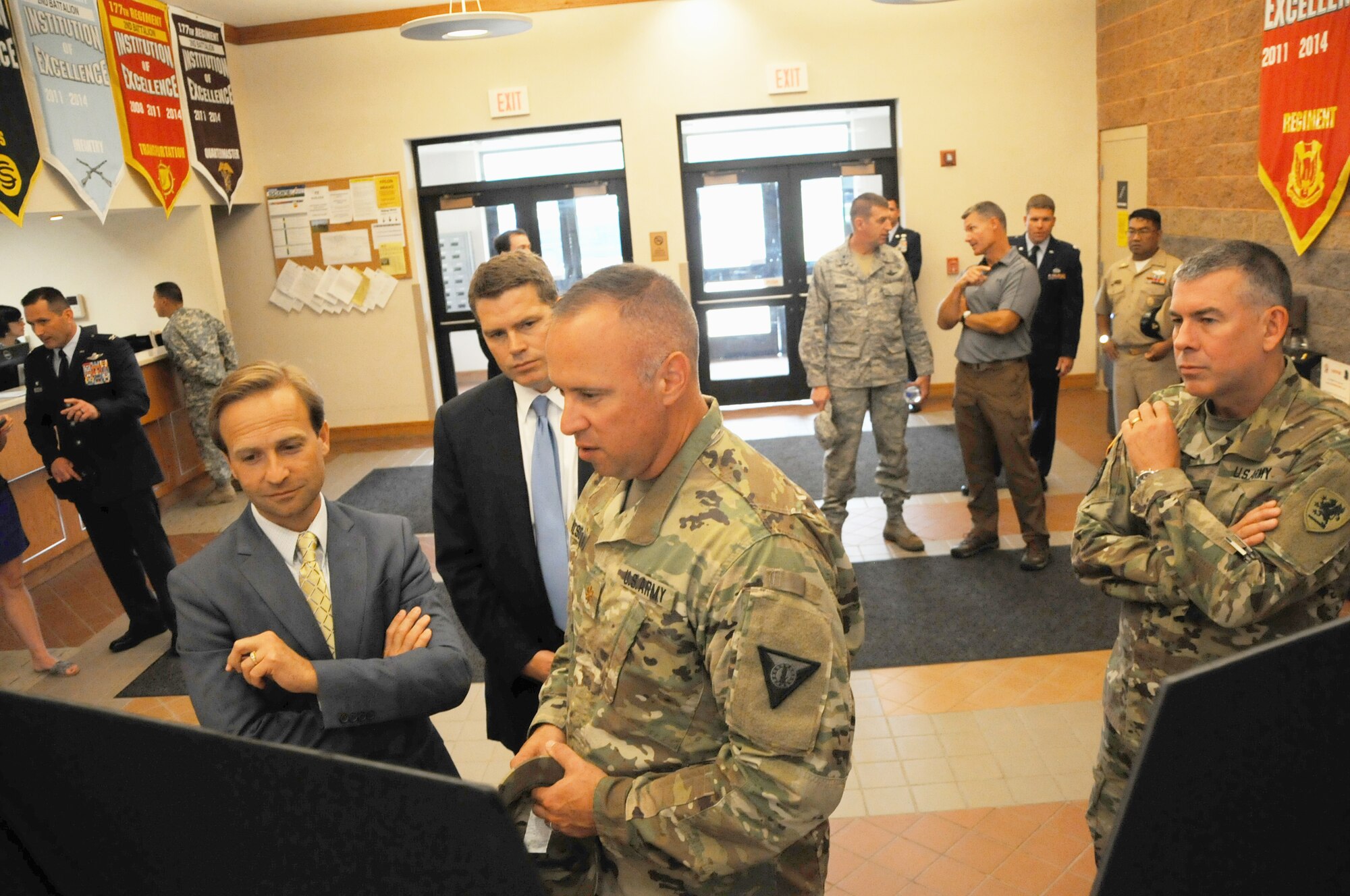 Lt. Gov. Brian Calley visits the 110th Attack Wing, Battle Creek Air National Guard Base and Fort Custer Training Center, Battle Creek, Mich., Monday, August 16, 2016. Lt. Gov. Calley met with 110th Attack Wing Commander, Col. Bryan Teff before traveling to Fort Custer Training Center to meet with Installation Commander, Lt. Col. Steve Wilson and Assistant Adjutant General of Installations, Brig. Gen. Michael Stone.  The purpose of Cally's visit was to highlight the state's strategic plan to protect and grow Michigan's defense and homeland security economy. After returning to the 110th, Calley toured the facilities stopping at the 217th Air Operations Group for a Cyber Operations Squadron mission brief and press conference with Wing Commander, Col. Bryan Teff, Battle Creek Area Chamber of Commerce Representative, Military Affairs, Mr. T.R. Shaw,  and Battle Creek Unlimited Interim President and CEO, Mr. Joe Sobieralski. (Air National Guard photo by Master Sgt. Sonia Pawloski/released)