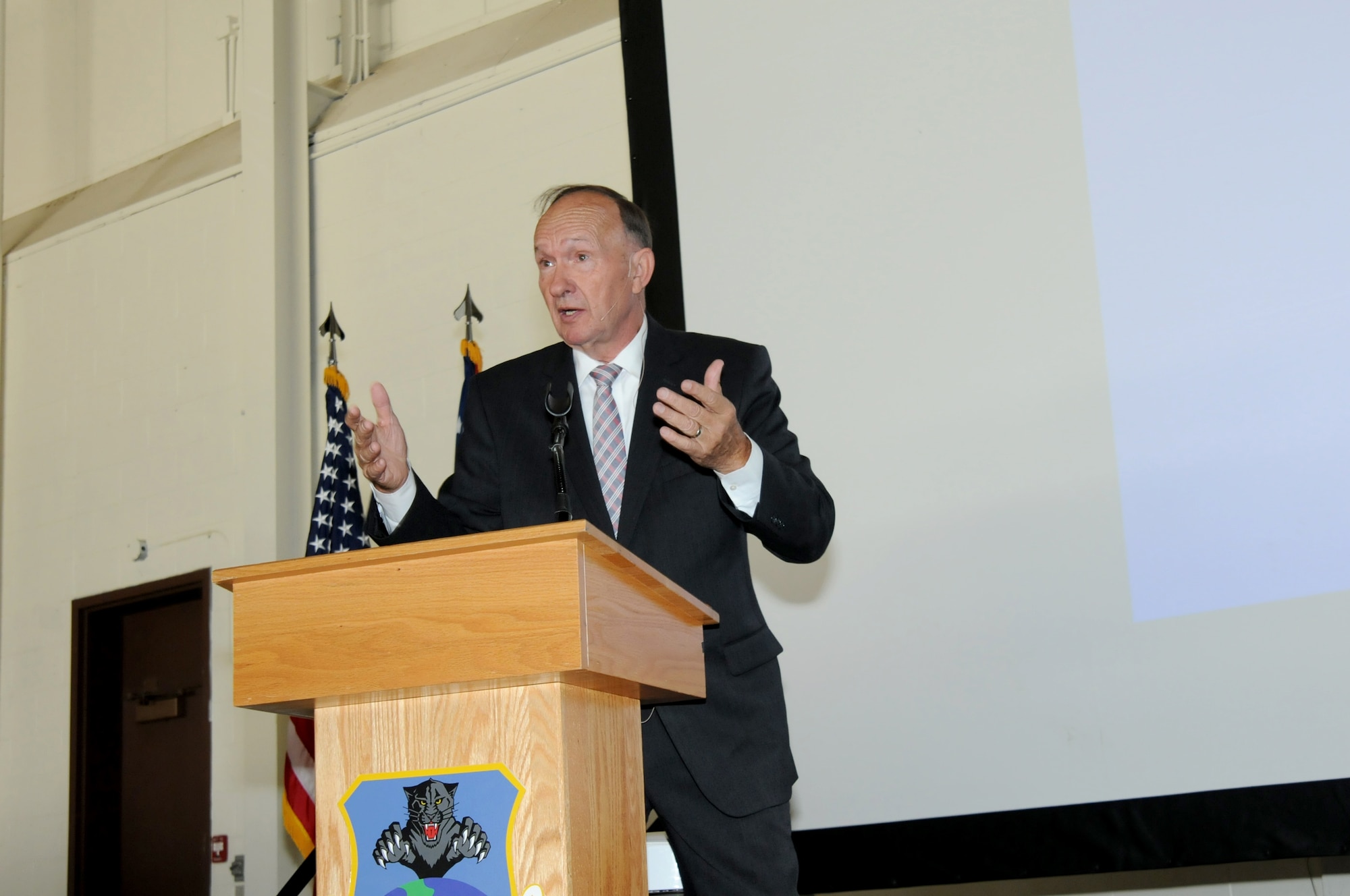 Air Force Capt. (Ret) Guy Gruters, a prisoner of war for over five years during the Viet Nam conflict speaks to members of the 178th Wing, Springfield, Ohio about his captivity and how solid leadership principles and positive thinking  thrived and succeeded in the harshest  of environments. The presentation was given Sep. 11. U.S. Air National Guard photo by Airman 1st Class Anthony Le.
