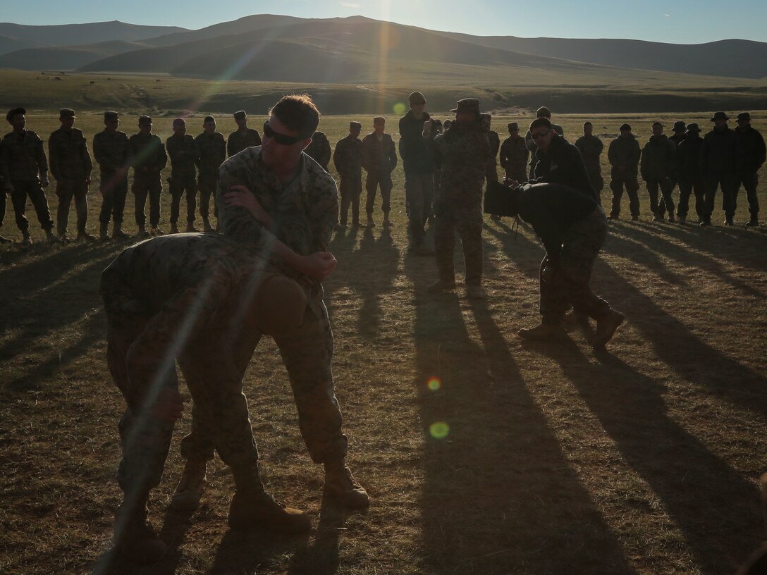 U.S. Marines with 3rd Law Enforcement Battalion, III Marine Expeditionary Force, demonstrate mechanical advantage control holds techniques to Mongolian Armed Forces soldiers and Mongolian National Police during Non-Lethal Executive Seminar (NOLES) 2016 at the Five Hills Training Area, Mongolia, Sept. 16, 2016. Mongolian soldiers and police learned mechanical advantage control holds techniques as an additional non-lethal option when apprehending suspects. NOLES is a regularly scheduled field training exercise and leadership seminar hosted annually by various nations throughout Asia Pacific.