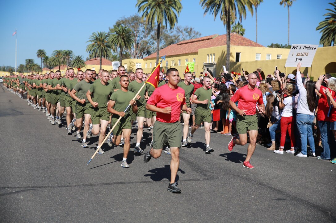 Marines of Charlie Company, 1st Recruit Training Battalion, run in formation during their motivation run at Marine Corps Recruit Depot San Diego, Sept. 15. After the Marines graduate recruit training, they receive 10 days of leave before reporting to the School of Infantry at Marine Corps Base Camp Pendleton, Calif. Annually, more than 17,000 males recruited from the Western Recruiting Region are trained at MCRD San Diego. Charlie Company is scheduled to graduate Sept. 16.