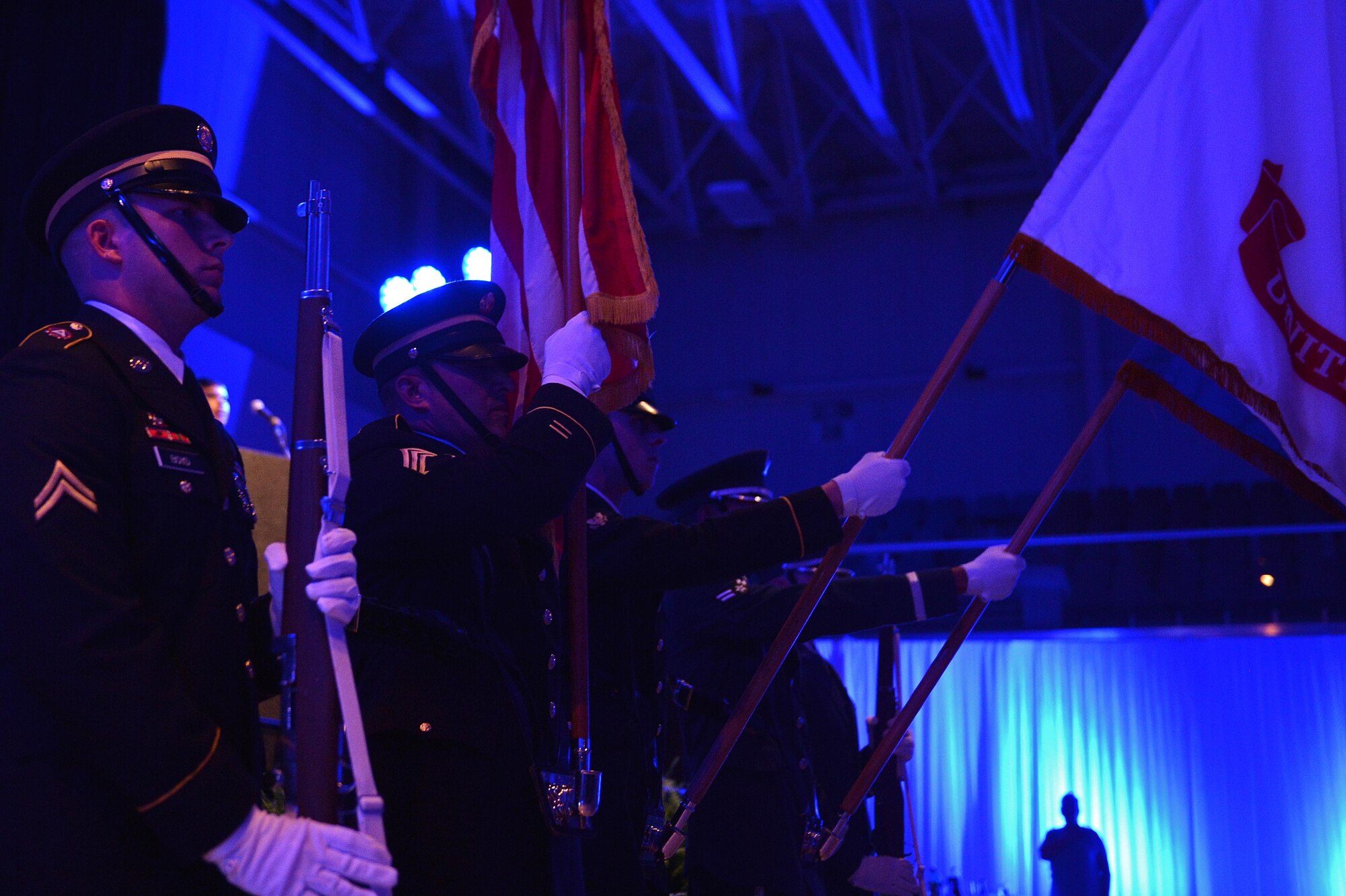 Honor guardsmen post the colors to commence the Air Force Ball at the Sumter Civic Center, Sumter, S.C., Sept. 16, 2016. The Air Force Ball was held to celebrate the Air Force birthday, Sept. 18, 1947. (U.S. Air Force photo by Airman 1st Class Christopher Maldonado)