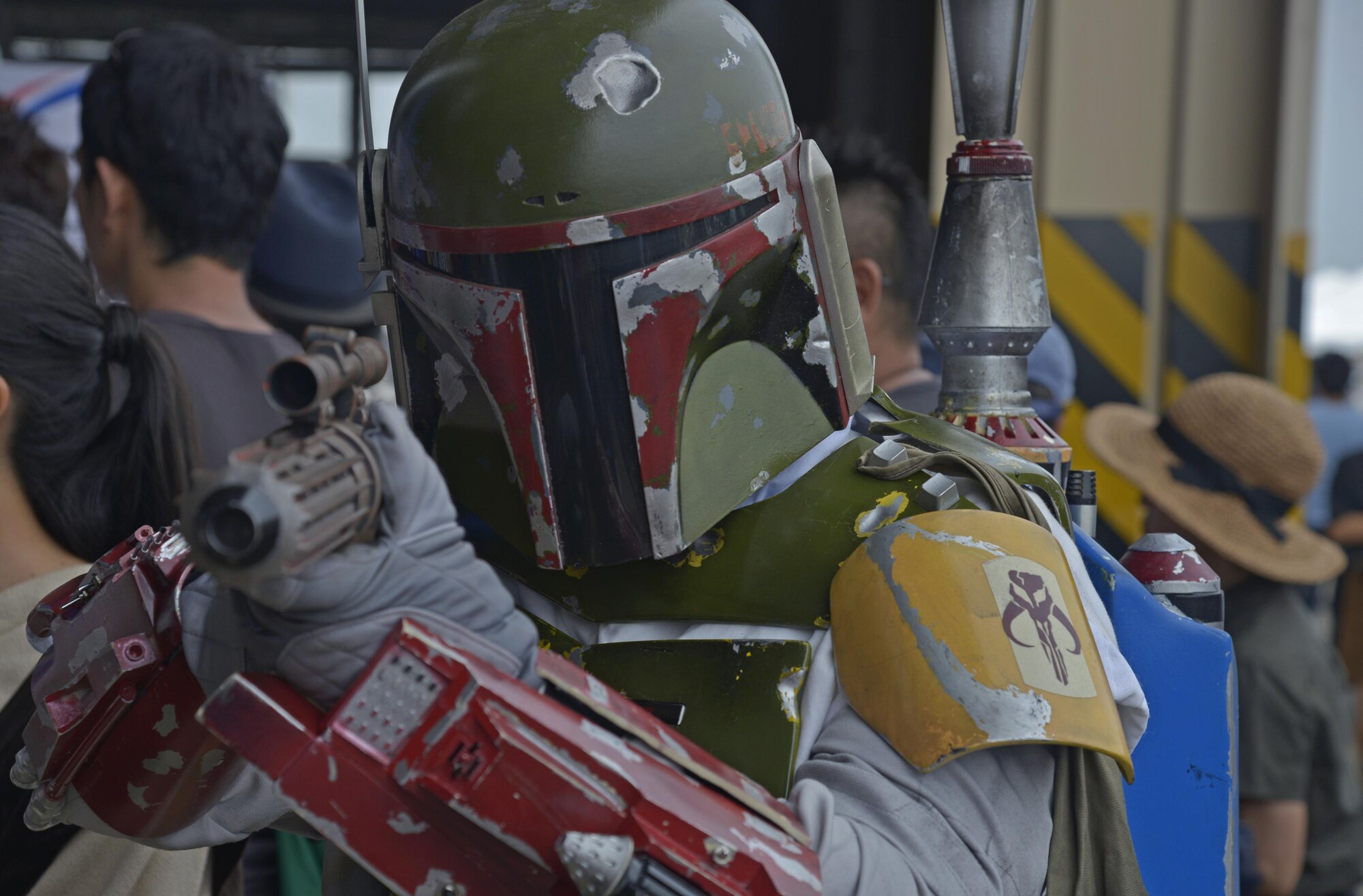 A person dressed as Boba Fett, a Star Wars movie character, poses for a picture during the Friendship Festival at Yokota Air Base, Japan, Sept. 17, 2016. The festival is designed to bolster the bilateral relationship shared between the United States and Japan. (U.S. Air Force photo by Senior Airman David Owsianka/Released)