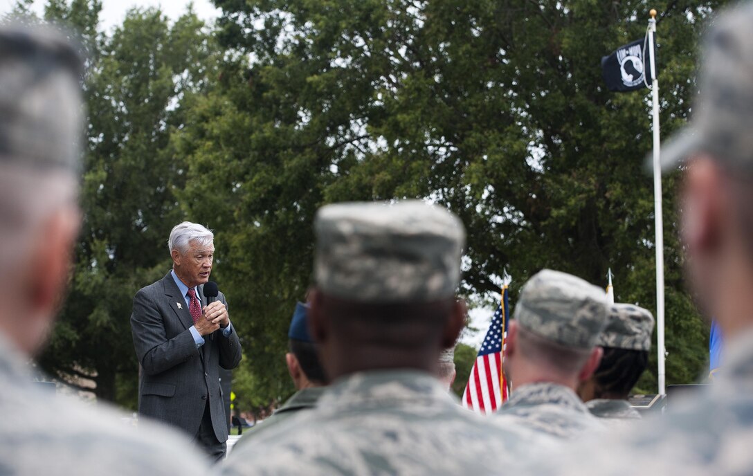 U.S. Air Force Lt. Col. (Ret.) Barry Bridger, former 43rd Tactical Fighter Squadron F-4 Phantom aircraft commander, shares his story during a POW/MIA closing ceremony at Joint Base Langley-Eustis, Va., Sept. 16, 2016. Bridger was shot down, captured and imprisoned for 2,232 days (six years) during the Vietnam War. The third Friday in September has been observed as POW/MIA Recognition Day since 1986. Since World War I, more than 150,000 Americans have been held as prisoners of war and more than 83,400 service members are still unaccounted for. (U.S. Air Force photo by Staff Sgt. Nick Wilson)