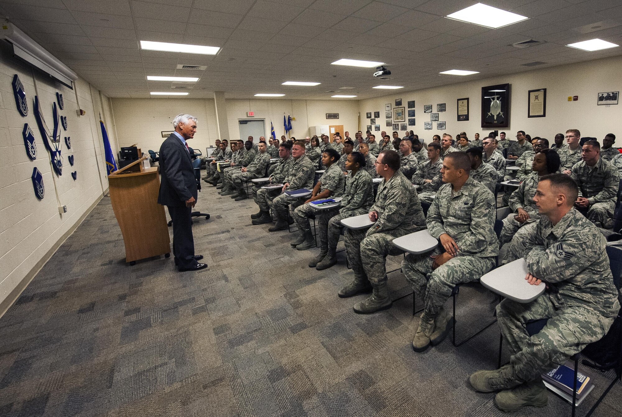 U.S. Air Force Lt. Col. (Ret.) Barry Bridger, former 43rd Tactical Fighter Squadron F-4 Phantom aircraft commander, shares his story with Airmen Leadership School students at Joint Base Langley-Eustis, Va., Sept. 15, 2016. Bridger also ran the first lap of the 24-hour Prisoner of War/Missing in Action run and was the guest speaker for the POW/MIA closing ceremony. He was held captive with 500 other service members from 1967 until their release in 1973. (U.S. Air Force photo by Staff Sgt. Nick Wilson)