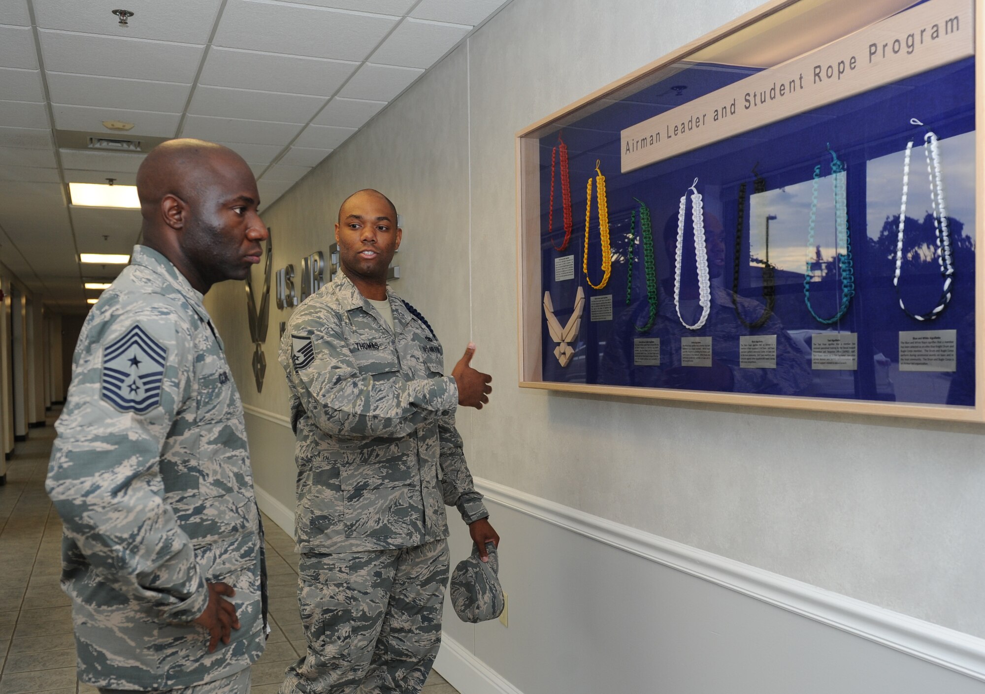 Master Sgt. James Thomas, 81st Training Group military training leader, briefs Chief Master Sgt. Vegas Clark, 81st Training Wing command chief, on the Airman leader and student rope program during an immersion tour at the Levitow Training Support Facility Sept. 12, 2016, on Keesler Air Force Base, Miss.  The purpose of the tour was to become familiar with the 81st TRG’s mission, operations and personnel. (U.S. Air Force photo by Kemberly Groue/Released)