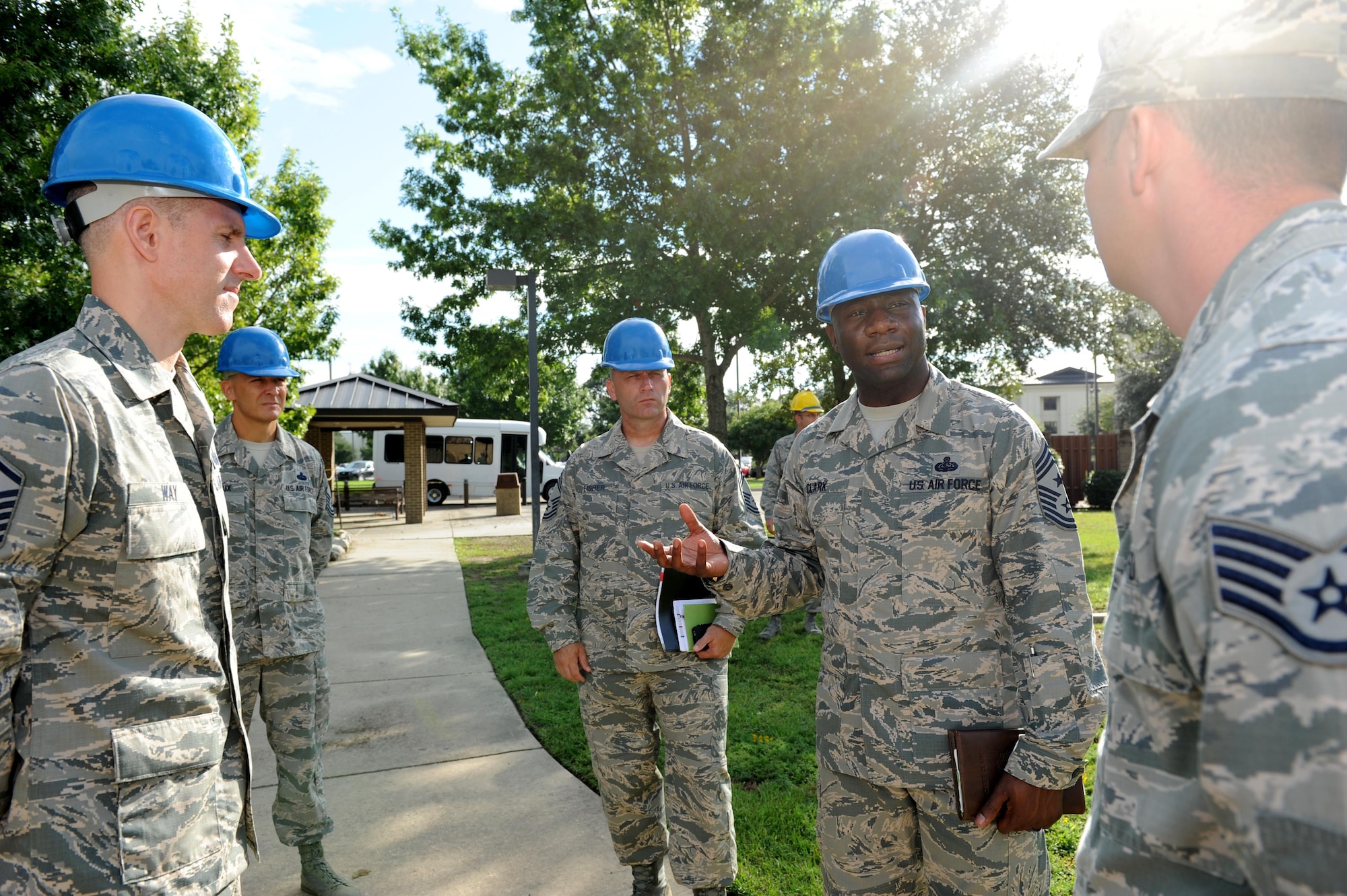 Chief Master Sgt. Vegas Clark, 81st Training Wing command chief, asks questions about the 338th Training Squadron air expeditionary force training area during an immersion tour Sept. 12, 2016, on Keesler Air Force Base, Miss.  The purpose of the tour was to become familiar with the 81st Training Group’s mission, operations and personnel. (U.S. Air Force photo by Kemberly Groue/Released)