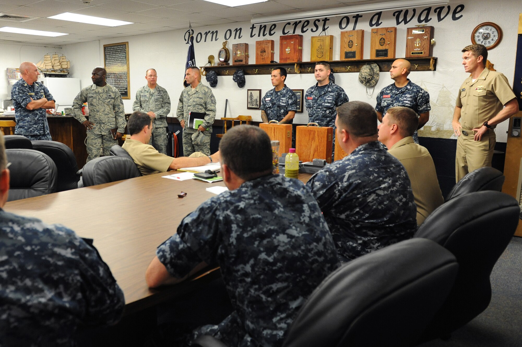 Chief Master Sgt. Vegas Clark, 81st Training Wing command chief, tours the Center for Naval Aviation Technical Training Unit Keesler at Allee Hall during an immersion tour Sept. 12, 2016, on Keesler Air Force Base, Miss.  The purpose of the tour was to become familiar with the 81st Training Group’s mission, operations and personnel. (U.S. Air Force photo by Kemberly Groue/Released)