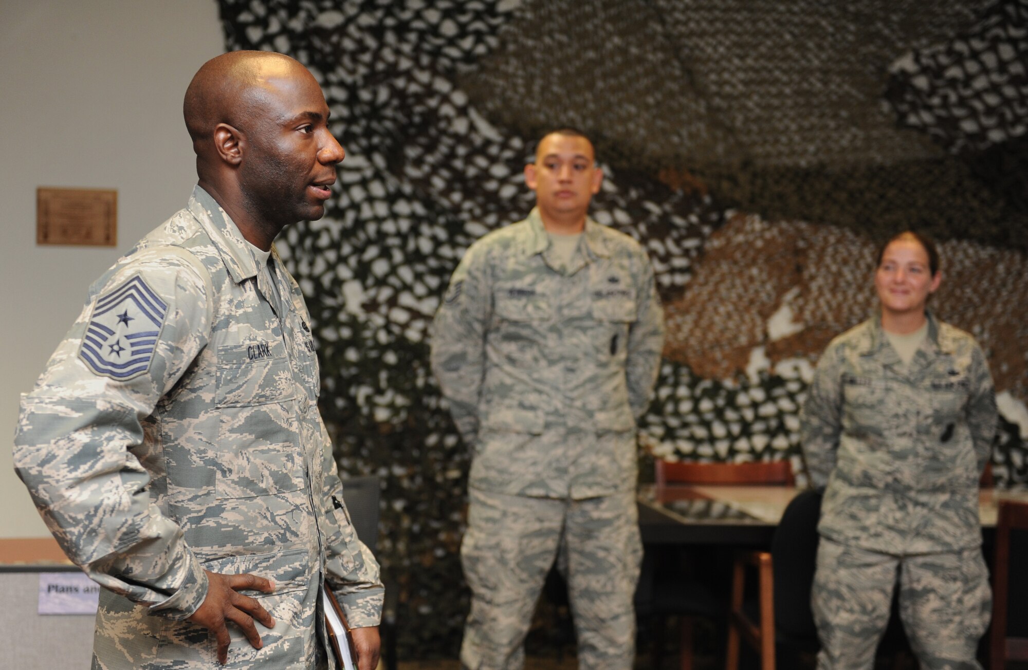 Chief Master Sgt. Vegas Clark, 81st Training Wing command chief, visits 81st Security Forces Squadron defenders during an immersion tour Sept. 8, 2016, on Keesler Air Force Base, Miss.  The purpose of the tour was to become familiar with the 81st Mission Support Group’s mission, operations and personnel. (U.S. Air Force photo by Kemberly Groue/Released)