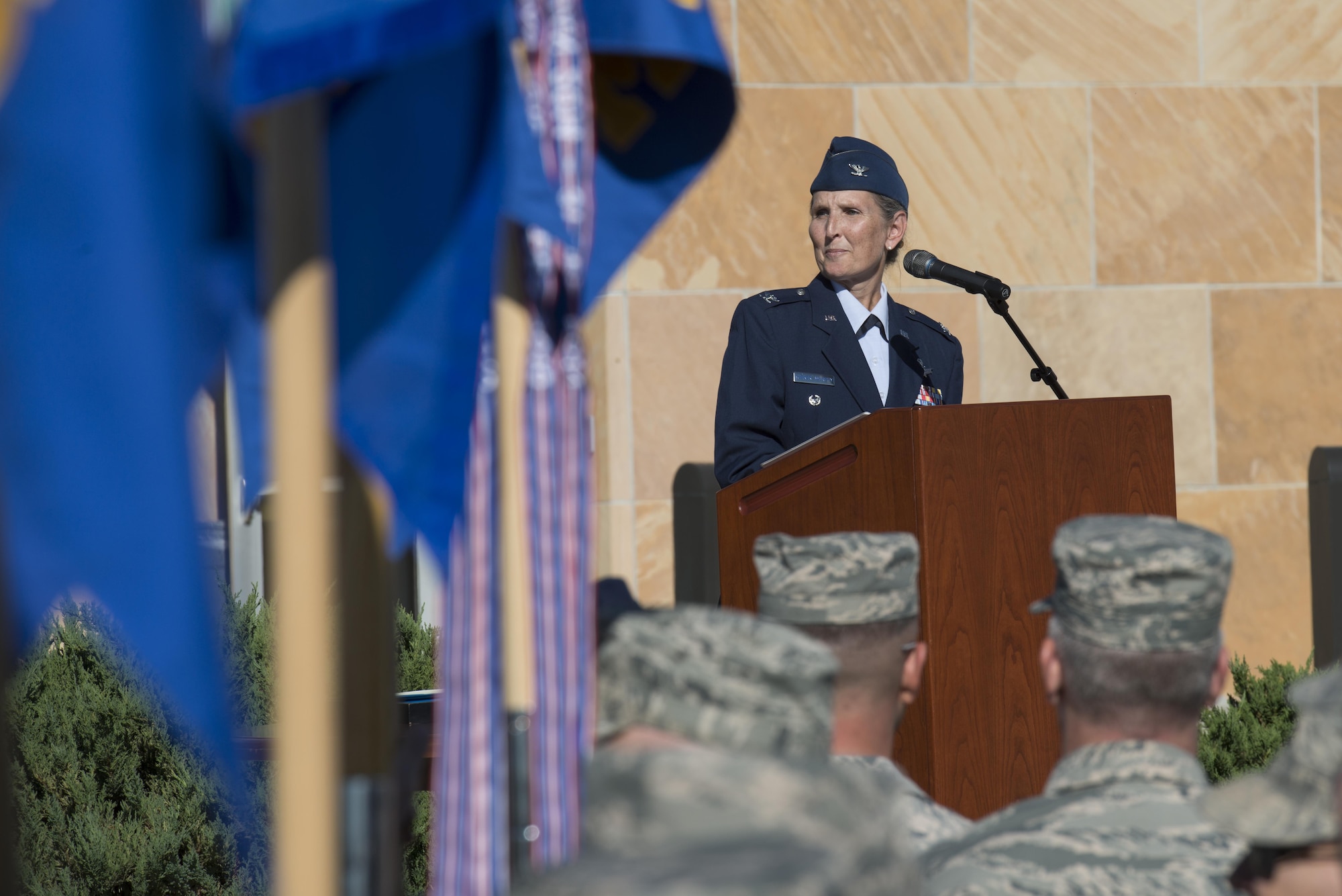 Col. Traci L. Kueker-Murphy addresses the audience as she assumes command of the 310th Space Wing during the change of command ceremony for the 310th Space Wing on Schriever AFB, Colo., Sept. 17, 2016. 
(U.S. Air Force photo by Staff Sgt. Christopher Moore/Released)