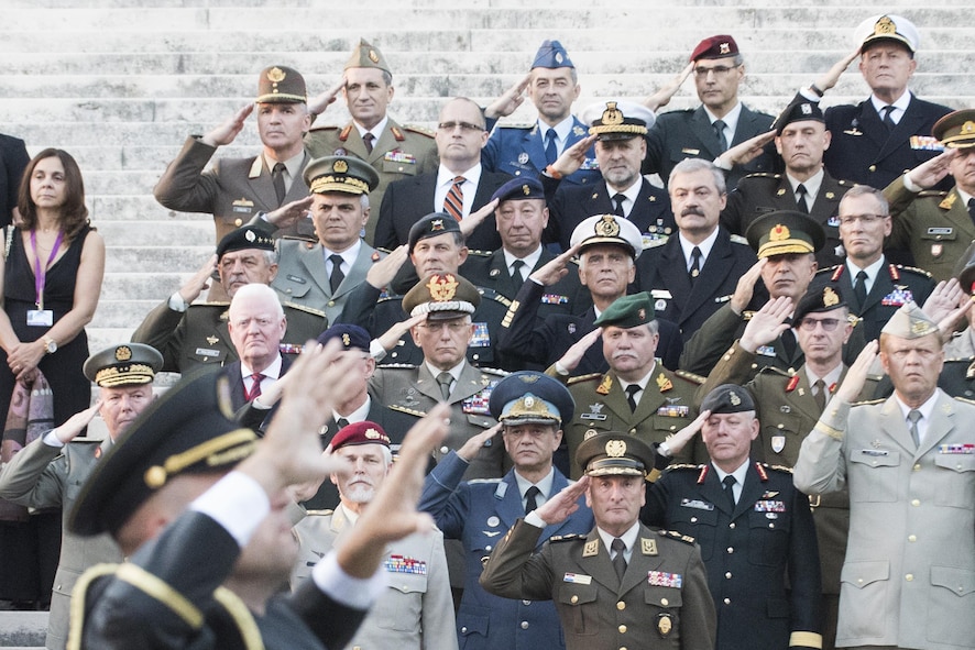 Defense chiefs and their spouses attend the NATO Military Committee conference welcoming ceremony