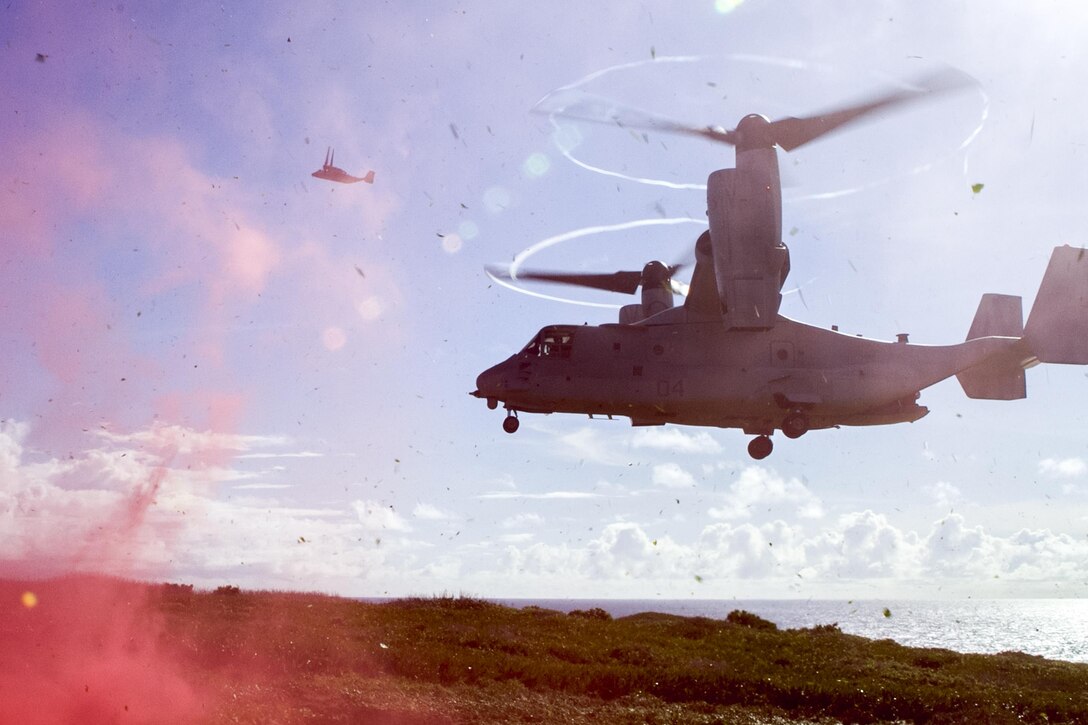 A Marine Corps MV-22B Osprey prepares to land on Farallon de Medinilla Range in the Northern Mariana Islands, Sept. 16, 2016. Marines were conducting mortar training on the uninhabited targeting range as part of Valiant Shield, a biennial exercise to develop the integration of joint U.S. forces. Marine Corps photo by Staff Sgt. T.T. Parish