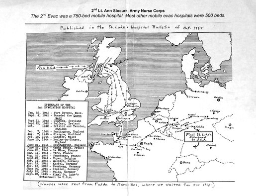 The map pictured shows the travels of the 2nd Evacuation Hospital Anne Rissman was attached to during World War II. Anne's unit supported the 8th Air Force, and she was attached to them when they began the push into Germany during WWII. (Courtesy Photo)