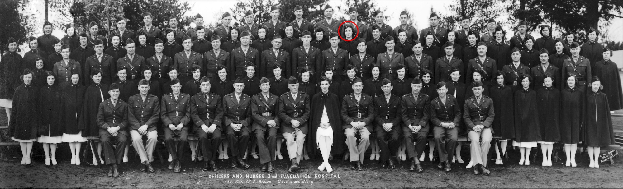 Officers and nurses of the 2nd Evacuation Hospital pose for a photo during World War II. Anne Rissman, circled, was one of the youngest working as a nurses at the hospital. (Courtesy Photo)