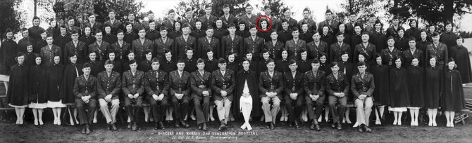Officers and nurses of the 2nd Evacuation Hospital pose for a photo during World War II. Anne Rissman, circled, was one of the youngest working as a nurses at the hospital. (Courtesy Photo)