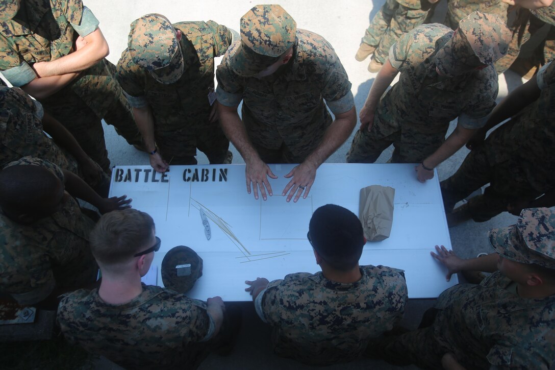 U.S. Marines from several units within the II Marine Expeditionary Force brainstorm and assign roles prior to a challenge of making the tallest free-standing tower with noodles, tape, string and a marshmallow at Camp Lejeune, N.C., Sept. 8-9, 2016. The Marines were attending the Enlisted Innovation Symposium, which  focuses on getting the younger Marines interested in technology for future operations. (U.S. Marine Corps photo by Lance Cpl. Ashley Lawson/Released)