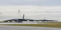 Three B-52H Stratofortresses taxi down the runway during Prairie Vigilance 16-1 at Minot Air Force Base, N.D., Sept. 16, 2016. As one leg of U.S. Strategic Command’s nuclear triad, Air Force Global Strike Command’s B-52s at Minot, play an integral role in nation's strategic deterrence. (U.S. Air Force photo/Airman 1st Class J.T. Armstrong)