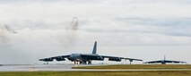 Two B-52H Stratofortresses taxi down the runway during Prairie Vigilance 16-1 at Minot Air Force Base, N.D., Sept. 16, 2016. The 5th Bomb Wing at Minot Air Force Base, N.D., participated in Prairie Vigilance Sept. 11-16, an annual exercise designed to test the wing’s ability to conduct conventional and nuclear-capable bomber operations. (U.S. Air Force photo/Airman 1st Class J.T. Armstrong)