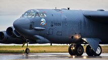 A B-52H Stratofortress taxis down the runway during Prairie Vigilance 16-1 at Minot Air Force Base, N.D., Sept. 16, 2016. As one leg of U.S. Strategic Command’s nuclear triad, Air Force Global Strike Command’s B-52s at Minot, play an integral role in nation's strategic deterrence. (U.S. Air Force photo/Airman 1st Class J.T. Armstrong)