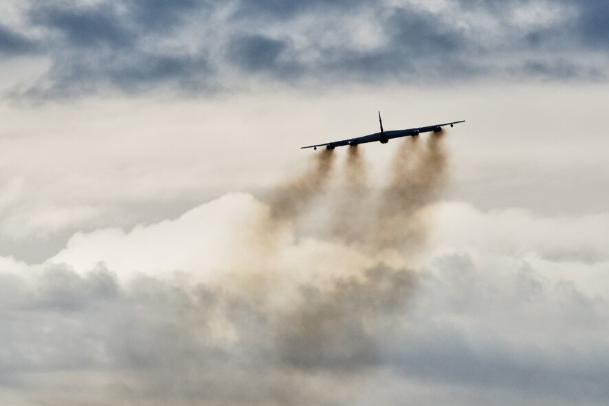 A B-52H Stratofortress soars through the air during Prairie Vigilance 16-1 at Minot Air Force Base, N.D., Sept. 16, 2016. The exercise concluded with the rapid fly-off, successfully launching a sequence of 12 B-52s to showcase their active capability to execute the mission. (U.S. Air Force photo/Airman 1st Class J.T. Armstrong)