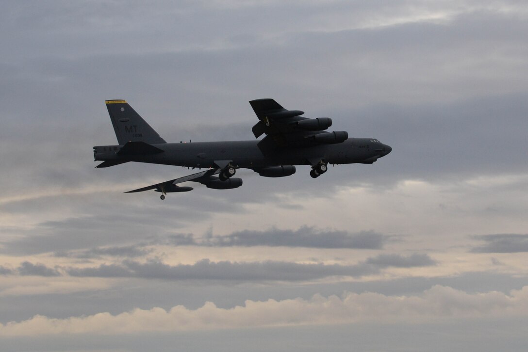 A B-52H Stratofortress flies during Prairie Vigilance 16-1 at Minot Air Force Base, N.D., Sept. 16, 2016. Approximately 3,500 Airmen from across the 5th Bomb Wing demonstrated safe, secure, reliable nuclear-capable weapons standards and procedures during the weapons generations and fly off. (U.S. Air Force photo/Airman 1st Class Jessica Weissman)