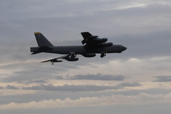 A B-52H Stratofortress flies during Prairie Vigilance 16-1 at Minot Air Force Base, N.D., Sept. 16, 2016. Approximately 3,500 Airmen from across the 5th Bomb Wing demonstrated safe, secure, reliable nuclear-capable weapons standards and procedures during the weapons generations and fly off. (U.S. Air Force photo/Airman 1st Class Jessica Weissman)