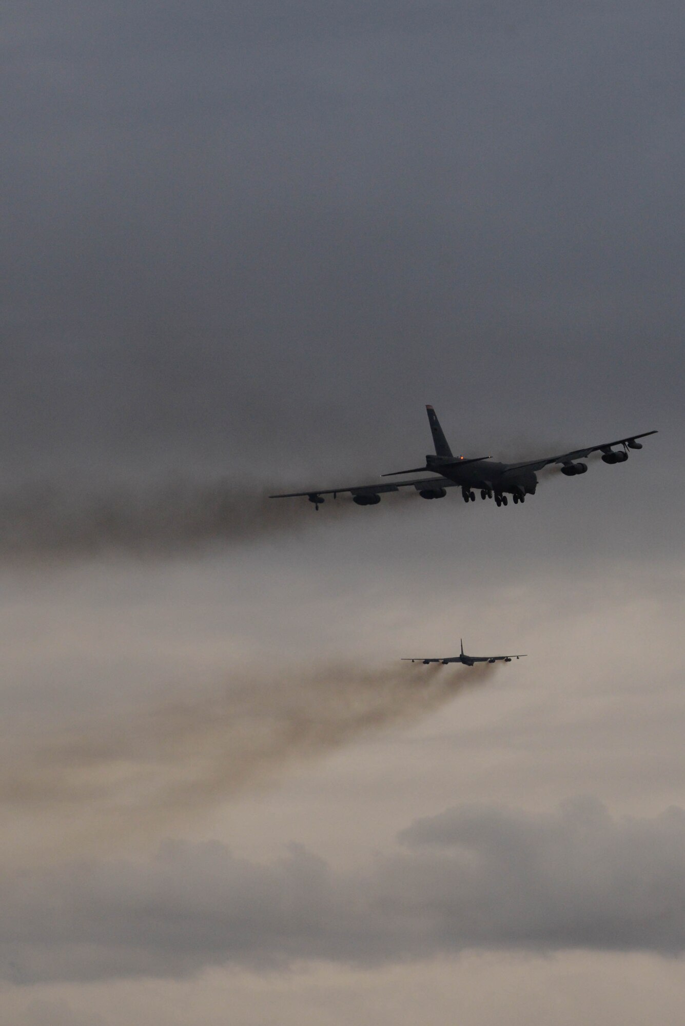 Two B-52H Stratofortresses fly during Prairie Vigilance 16-1 at Minot Air Force Base, N.D., Sept. 16, 2016. As one leg of U.S. Strategic Command’s nuclear triad, Air Force Global Strike Command’s B-52s at Minot, play an integral role in nation's strategic deterrence. (U.S. Air Force photo/Airman 1st Class Jessica Weissman)