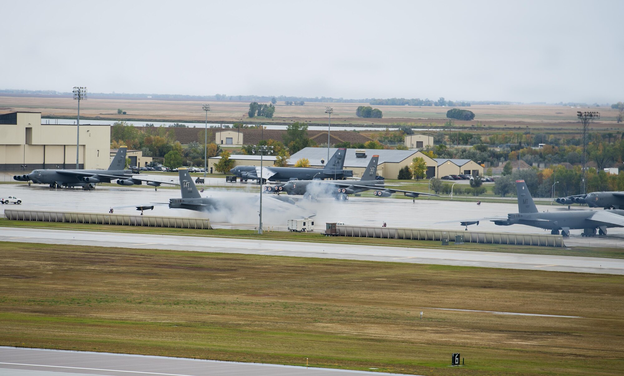 B-52H Stratofortresses start their engines in preparation of a rapid launch during Prairie Vigilance 16-1 at Minot Air Force Base, N.D., Sept. 16, 2016. The 5th Bomb Wing participated in Prairie Vigilance 16-1 Sept. 11-16, an annual exercise designed to test the wing’s ability to conduct conventional and nuclear-capable bomber operations. (U.S. Air Force photo/Airman 1st Class Christian Sullivan)