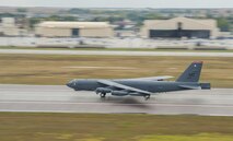 A B-52H Stratofortress taxis down the flightline during a rapid launch for Prairie Vigilance 16-1 at Minot Air Force Base, N.D., Sept. 16, 2016. As one leg of U.S. Strategic Command’s nuclear triad, Air Force Global Strike Command’s B-52s at Minot, play an integral role in nation's strategic deterrence. (U.S. Air Force photo/Airman 1st Class Christian Sullivan)