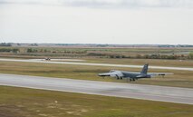 A B-52H Stratofortress takes off during a rapid launch for Prairie Vigilance 16-1 at Minot Air Force Base, N.D., Sept. 16, 2016. The exercise concluded with the rapid fly-off, successfully launching a sequence of 12 B-52s to showcase their active capability to execute the mission. (U.S. Air Force photo/Airman 1st Class Christian Sullivan)