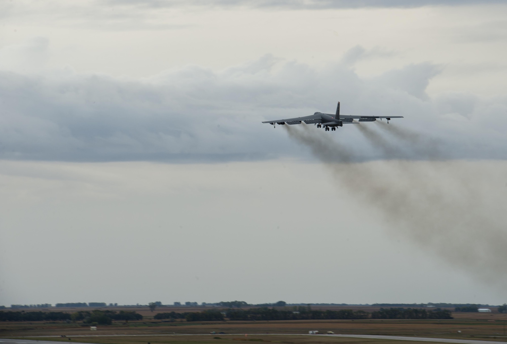 A B-52H Stratofortress takes off during a rapid launch for exercise Prairie Vigilance 16-1 at Minot Air Force Base, N.D., Sept. 16, 2016. Approximately 3,500 Airmen from across the 5th Bomb Wing demonstrated safe, secure, reliable nuclear-capable weapons standards and procedures during the weapons generations and fly-off. (U.S. Air Force photo/Airman 1st Class Christian Sullivan)