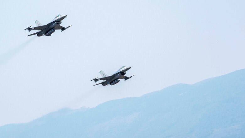 A 555th Fighter Squadron F-16 Fighting Falcon departs for Exercise Immediate Response 16 from Aviano Air Base, Italy on Sept. 14, 2016. The exercise, which uses computer-assisted simulations and field training exercises to improve multinational interoperability, runs until Sept. 23, 2016. (Photos by Airman 1st Class Cory W. Bush/Released)