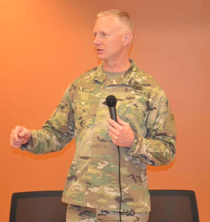 Brig. Gen. David Elwell, 311th Sustainment Command (Expeditionary) commanding general, speaks to an assembled group of command teams who were attending a Commander’s Readiness Training event at the George W. Dunaway Army Reserve Center in Sloan, Nevada September 8-10, 2016, where he emphasized that the command teams who attend this training should learn the importance of readiness to our force and to the Army.