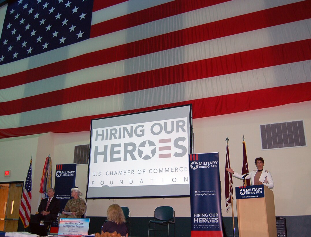 Ms. Erin Thede, director of the Army Reserve Private Public Partnership (P3) program, addresses Army Reserve Medical Command Soldiers and recognizes the National Chamber of Commerce for their role during the Hiring our Heroes event held at the C.W. “Bill” Young Armed Forces Reserve Center on Friday, Sept. 16.  The Army Reserve is a key partner to the Chamber of Commerce for the Hiring Our Heroes event, which hosted approximately 65 employers and service providers who offered employment and training opportunities to more than 200 attendees.