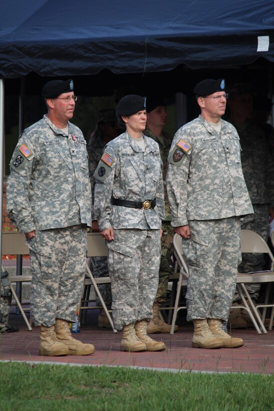 (Center) Brig. Gen. Deborah Kotulich, the commanding general of the 143d Sustainment Command (Expeditionary), (left) Col. Timothy Bobroski, outgoing commander of the 207th Regional Support Group, and (right) Col. Robert A. Wojciechowski, incoming commander of the 207th Regional Support Group participate in a change of command ceremony on Sept.10. (Official U.S. Army Photo by Spec. Jeff Russo, Unit Public Affairs Representative, 650th Transportation Company, 207th Regional Support Group/Released)