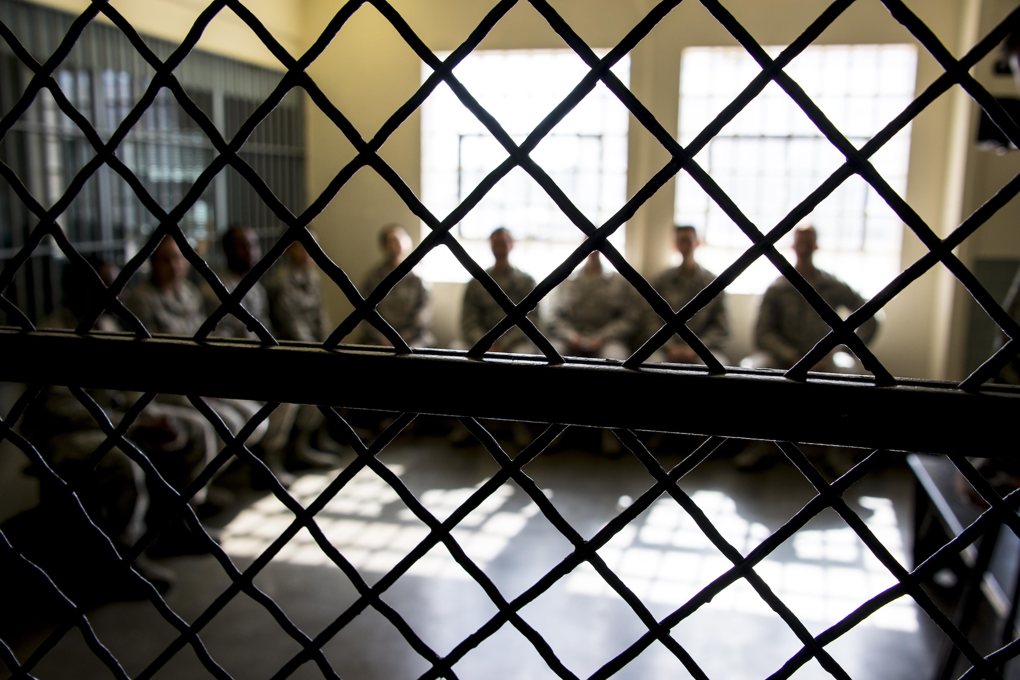 Airmen participating in the True North program await the beginning of their visit to the California Medical Facility, in Vacaville, California, Sept. 15, 2016. As part of the program, Airmen meet with inmates at CMF and hear their personal stories as well as tour the facility. (U.S. Air Force photo by Staff Sgt. Charles Rivezzo)