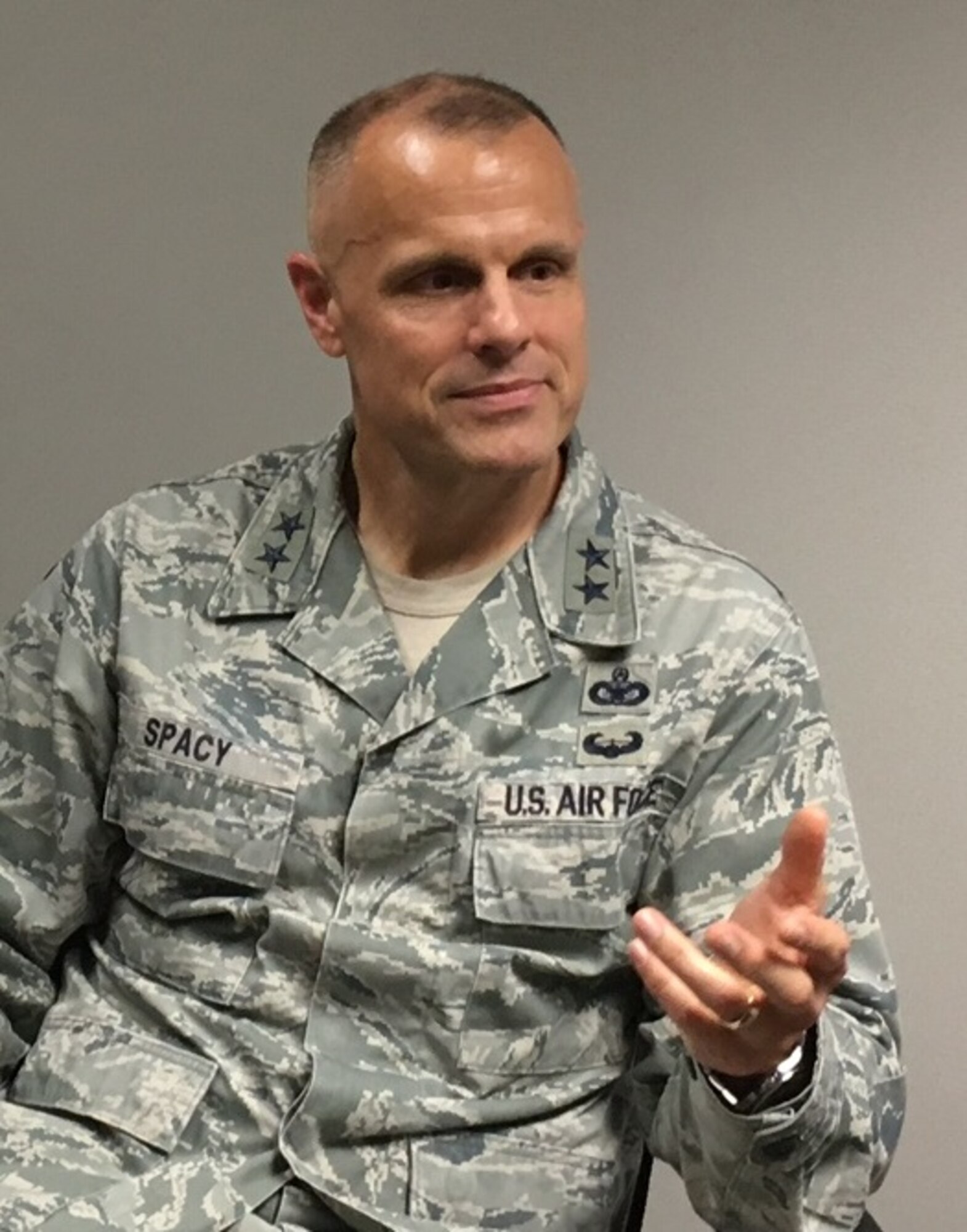 Maj. Gen. Bradley Spacy, Air Force Installation and Mission Support Center commander, returned to Wright-Patterson Air Force Base as a speaker at the recent Life Cycle Industry Days event.  The AFIMSC serves as the intermediate headquarters for installation and mission support in an effort to reduce overhead while bringing a cross-functional and enterprise-wide view to delivering services to installations. (U.S. Air Force photo / Marie Vanover)
