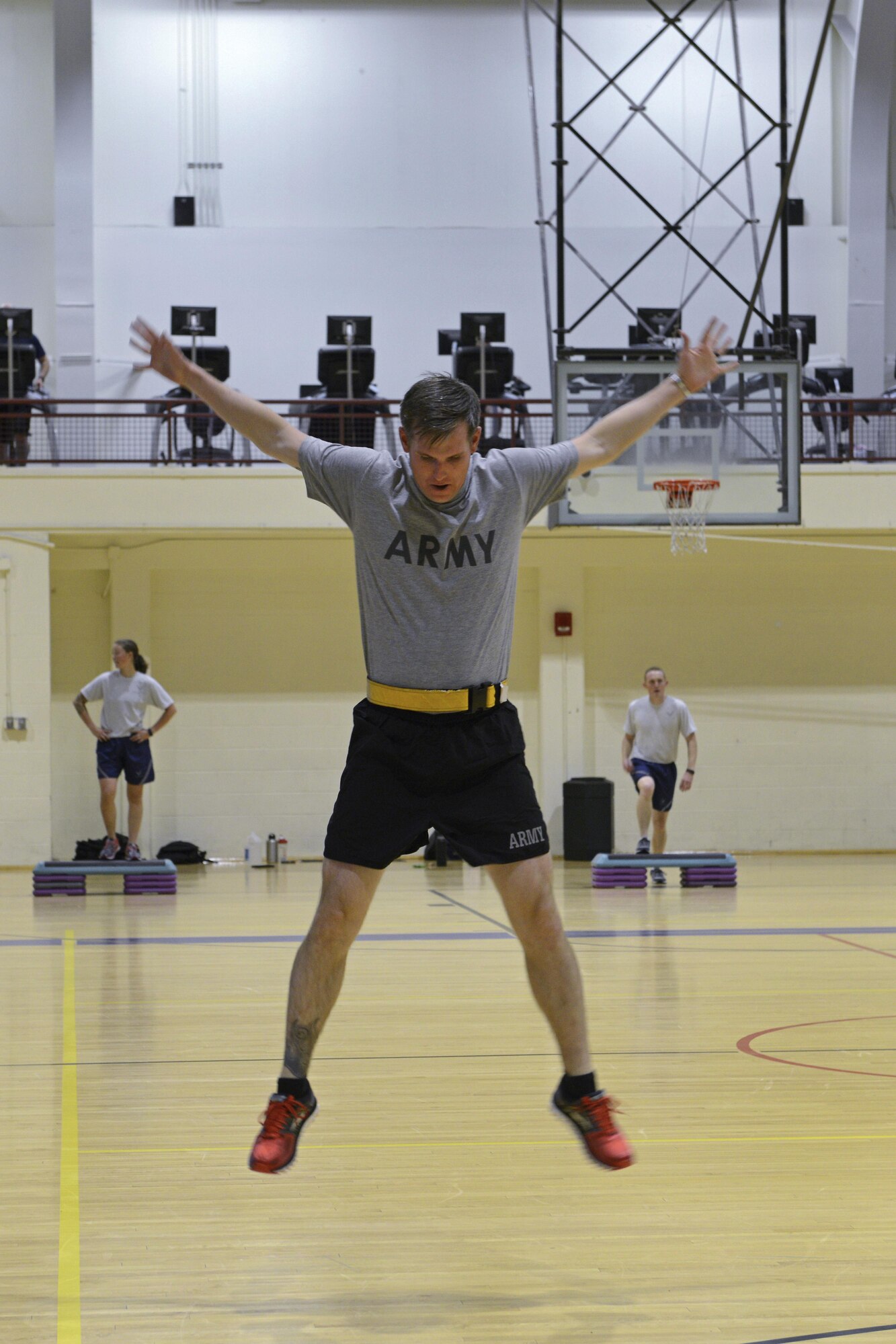 Army Staff Sgt. Matthew Mobley, assigned to the 545th Military Police Detachment, 17th Combat Sustainment Support Battalion, U.S. Army Alaska, executes a star jump exercise at the Joint Base Elmendorf-Richardson Gym, Alaska, Sept. 6, 2016. Mobley is part of a six-member team preparing to compete in the Pacific Air Forces Advanced Combat Skills Assessment hosted in Guam, Sept. 25 to 29, 2016. 