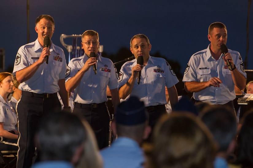 U.S. Air Force Band members perform during the POW/MIA and Air Force Birthday event at the Air Force Memorial in Arlington, Va., Sept. 16, 2016. The band played a variety of songs including St. Louis Blues, G.I. Jive, Wheels of a Dream, and Brown Eyed Girl. 