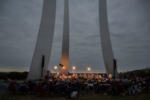 The U.S. Air Force Band performs during the POW/MIA and Air Force Birthday event at the Air Force Memorial in Arlington, Va., Sept. 16, 2016. More than 250 people came out to celebrate the 69th Air Force Birthday and honor military members. The event included multiple band and drill team performances. 