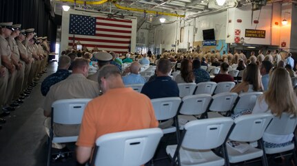 Family and friends gather for the Nuclear Power Training Unit Charleston Chief Petty Officer Pinning Ceremony aboard the USS Yorktown in Charleston, South Carolina, Sept.16, 2016. The 26 new CPOs will serve as leaders and technical experts. 