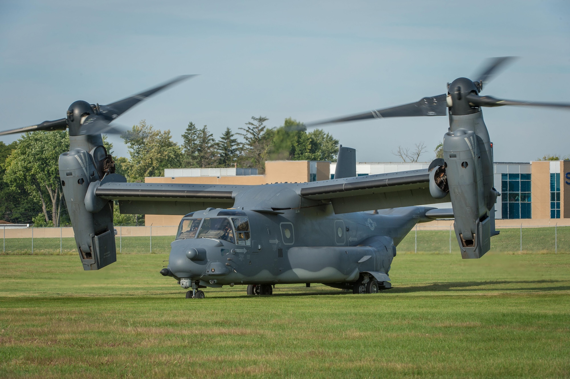 DAYTON, Ohio -- A CV-22 Osprey aircraft assigned to the 20th Special Operations Squadron at Cannon Air Force Base, N.M., lands at the National Museum of the United States Air Force, Sept. 15, 2016 before the Green Hornet Dedication ceremony. The aircraft and crew landed at the museum in tribute to the Green Hornets. (U.S. Air Force photo by Jim Copes)